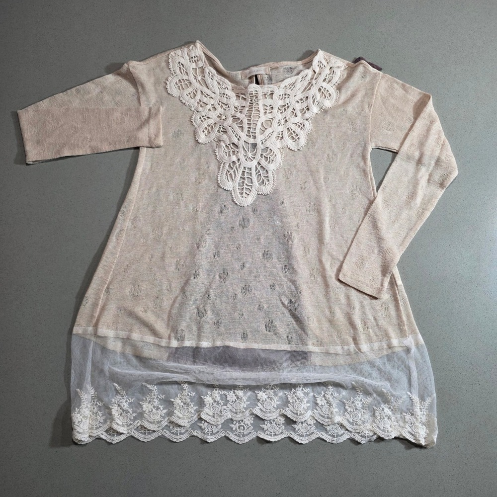 Altar'd State Beige Pointelle Lace Tunic Top Crochet Neck Mauve Bow Back Small